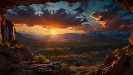 Fototapeta premium A breathtaking view from inside a cave, looking out at rocky mountains bathed in the warm glow of a sunset, with dramatic clouds enhancing the vibrant colors of the sky