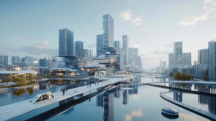 Futuristic cityscape with modern architecture, reflecting on a calm river, with a pedestrian bridge connecting two sides of the city.