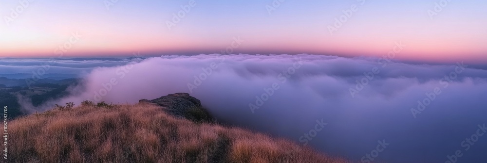 Poster A breathtaking view from a mountain peak reveals vibrant colors of sunrise and rolling clouds, creating a serene and peaceful atmosphere. Generative AI
