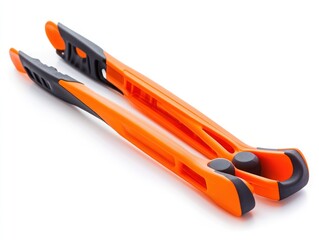 A pair of orange and black tongs designed for cooking or serving food.