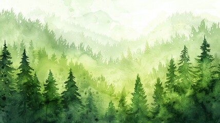 Fototapeta premium Watercolor Tree Background. Mountain Landscape with Green Forest and Pine Trees