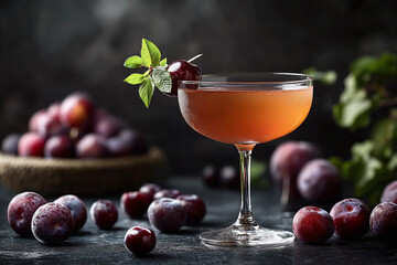 An artisanal plum spirit in vintage glassware, fresh fruit garnish.