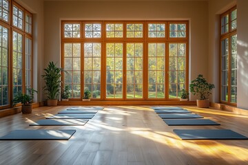 Fototapeta premium Natural light fills a spacious yoga studio, casting a serene glow on rows of yoga mats set on a polished hardwood floor, with a tranquil park view