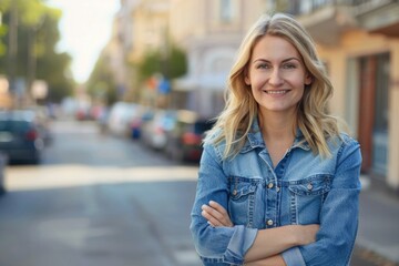 Fototapeta premium Woman's Path: Blond Woman Standing with Arms Crossed on Street, Smiling