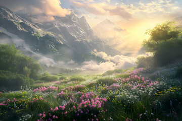 Obraz premium Misty mountain meadow at dawn with wildflowers and soft sunlight filtering through clouds.