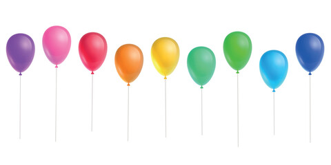 Row of colorful balloons in rainbow colors on a white background