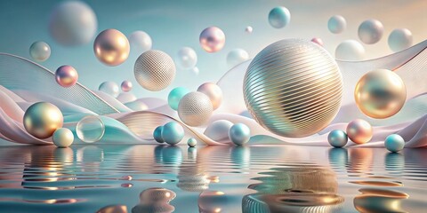 Fototapeta premium A surreal landscape of gleaming orbs reflecting in a tranquil body of water, adorned with ethereal flowing fabric, creating a mesmerizing and abstract composition.