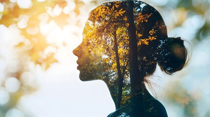 Silhouette of a Woman Merging with Nature in an Artistic Double Exposure, Highlighting Harmony Between Humanity and the Environment in Autumn Colors