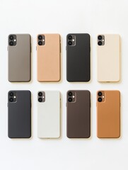 A collection of smartphone cases in various colors arranged neatly.