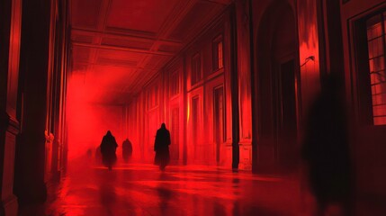 Three shadowy figures walk through a long, red-lit hallway, creating an eerie and mysterious atmosphere.