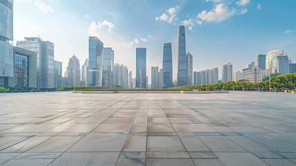 Empty square floor with city skyline background, City intersection without traffic, symmetrical layout