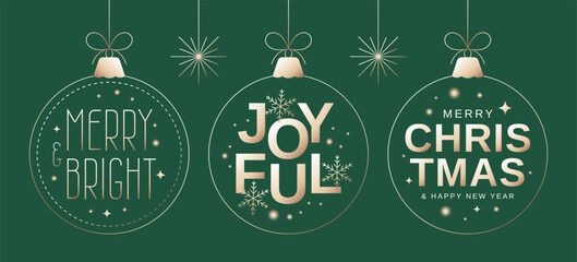 Naklejka premium Set of golden Christmas baubles with greetings. Merry Christmas, Joyful, Merry and Bright. Vector illustration