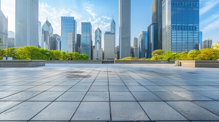 Fototapeta premium Empty square floor with city skyline background, City intersection without traffic, symmetrical layout