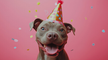 Happy pitbull dog wearing a party hat with confetti on a vibrant pink background. Playful and cheerful pet celebration scene.