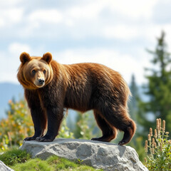 Obraz premium A young brown bear standing on a rock, surrounded by lush summer nature