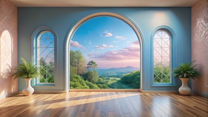 Fototapeta premium Sunlight Streams Through Arched Windows, Illuminating an Empty Room with a Breathtaking View of Rolling Green Hills and a Distant City Skyline