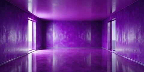 Fototapeta premium A Minimalist Empty Room with a Glossy Purple Floor and Walls, Featuring Two Doors and a Window Letting in Light