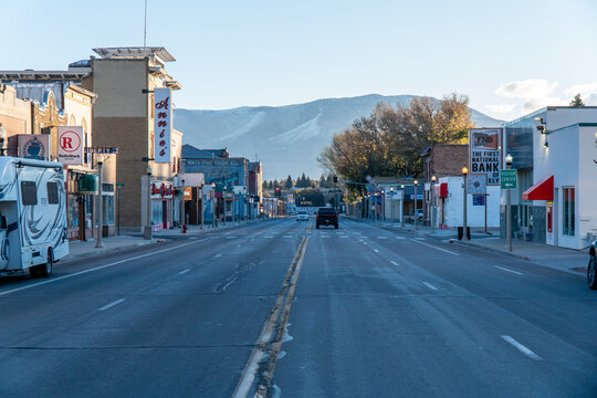 Ely, Nevada, USA - November 6th 2024: The main street of Ely, Nevada, along US Route 50, the loneliest road in the USA, clear cold morning at sunrise. Small businesses, hotels and casinos.