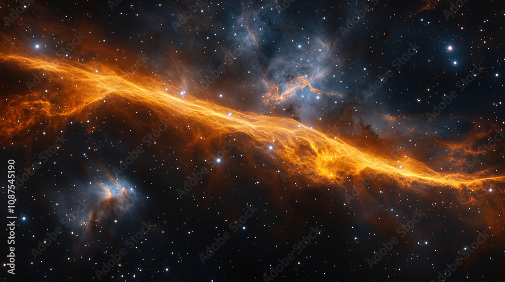 Poster a stunning view of a cosmic filament glowing in orange hues amidst a backdrop of stars and nebulae i