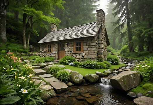 Rustic Stone Cabin in Lush Forest with Stream, Stepping Stones, and Tranquil Overcast Light for a Secluded Nature Retreat