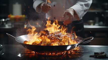 Frying pan with fire, cooking food.