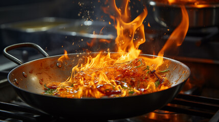 Frying pan with fire, cooking food.