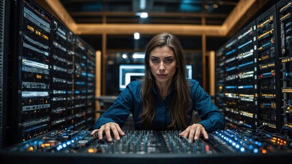 Young Latina engineer working among servers in data room.