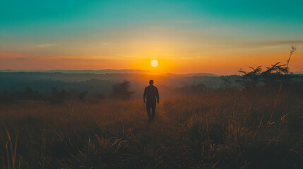Fototapeta premium A silhouetted person walks across a grassy field toward a breathtaking sunset