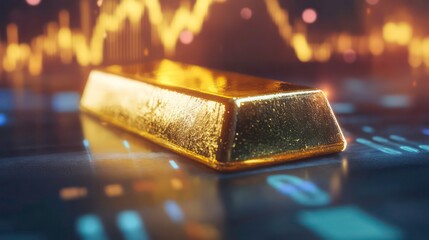 A gold bar sits on a digital screen with a chart in the background.