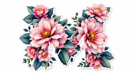 A stylized letter M, crafted from lush pink dahlias and deep green leaves. The botanical design is vibrant and detailed, perfect for invitations or logos.