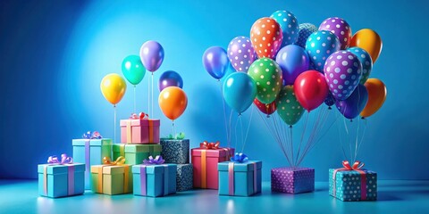 A colorful celebration with polka dot balloons and wrapped gifts arranged on a vibrant blue background.