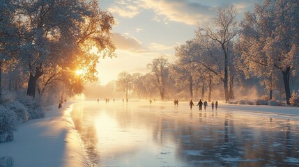 Gliding Through Winter Joyful Skating on a Sunlit Frozen River