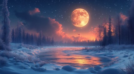 Fototapeta premium Winter Moonlit Serenity Tranquil Landscapes Under a Starry Sky
