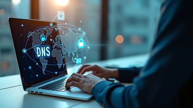 DNS and Web Server Network Concept: Exploring Domain Name Systems, Cybersecurity, and Global Internet Connections