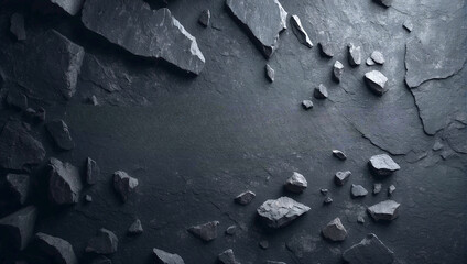 Dark textured surface with scattered stones showcasing a natural and rugged aesthetic in dim lighting