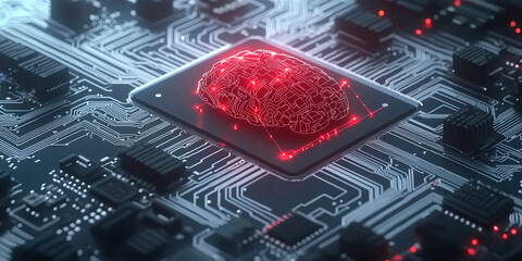 Brain in Global network, representing digital connections with interconnected circuits and nodes, symbolizing human and ai connection. Background.