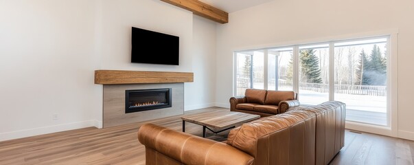 A modern living room featuring a leather sofa, wooden accents, and large windows, creating a bright and inviting atmosphere.