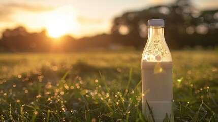 Milk Bottle in Sunlit Field during Sunrise