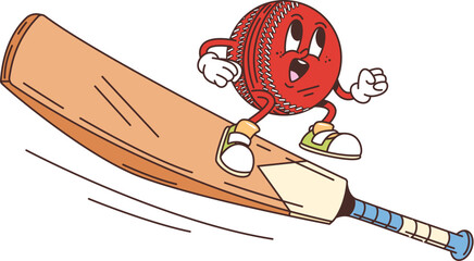 Cartoon retro groovy cricket ball character and bat, vector sport comic emoji. Groovy funny cricket ball with happy face riding a bat for goal, sport game and club funky character in retro cartoon