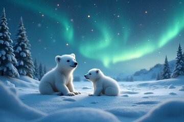 Fototapeta premium Polar Bear Cubs Under Northern Lights