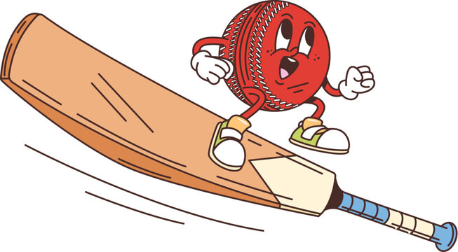 Cartoon retro groovy cricket ball character and bat, vector sport comic emoji. Groovy funny cricket ball with happy face riding a bat for goal, sport game and club funky character in retro cartoon