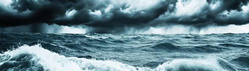 A dramatic seascape depicting turbulent waves under a stormy sky.