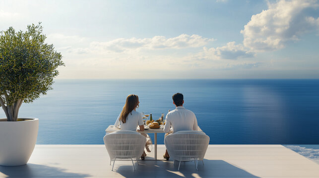 Couple sharing a breakfast by the ocean on private terrace