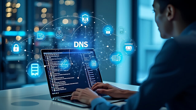 DNS and Web Server Network Concept: Exploring Domain Name Systems, Cybersecurity, and Global Internet Connections