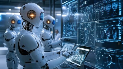 Three humanoid robots stand in front of a large computer screen, interacting with data visualizations.