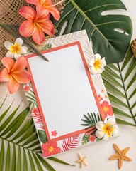 Tropical-Themed Frame with Hibiscus, Frangipani Flowers, Palm Leaves, and Starfish, Perfect for Summer Invitations, Beach-Themed Crafts, Vacation Memories, and Island Party Decor