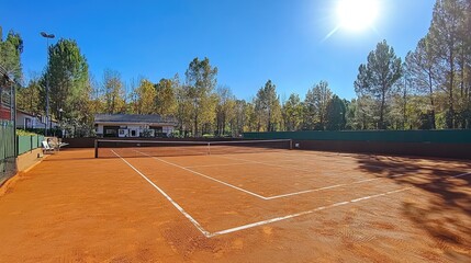 Outdoor tennis court with clay surface, neat white lines, and net up under bright sunlight.