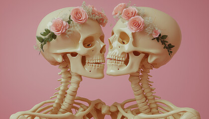 Two skeletons wearing pink rose flower crowns, facing each other on a pastel pink background. A romantic and artistic portrayal of love.