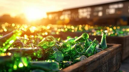 Recycling concept. Bright sunlight illuminates a collection of green glass bottles in a wooden crate, symbolizing recycling efforts.