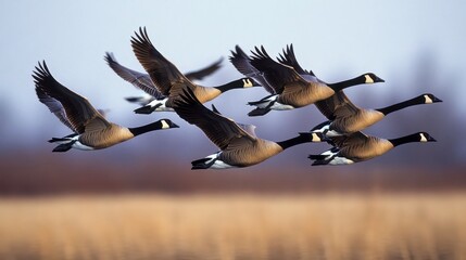 Obraz premium A flock of geese flying in formation over a field of golden grass, with a soft, blue sky in the background.